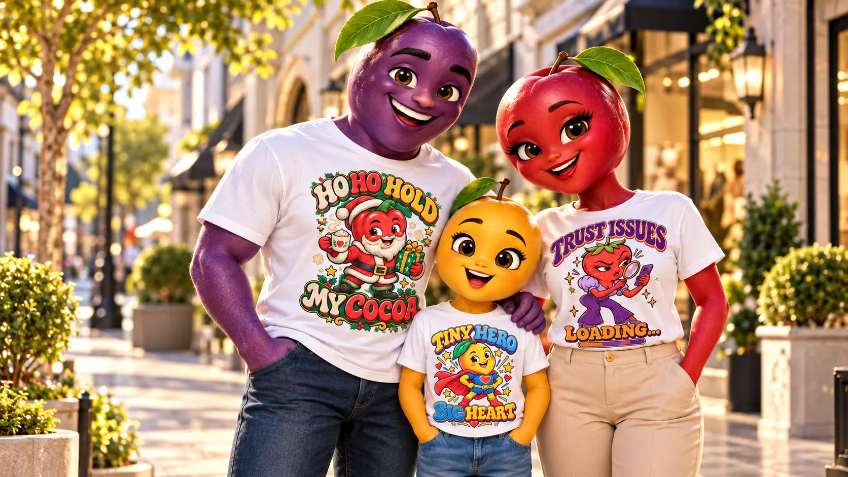 A man, woman and child wearing Julz Storywear designs